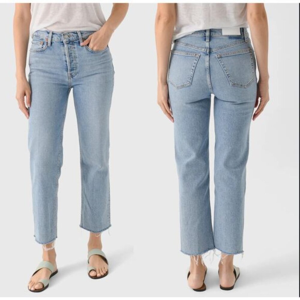 Re/Done Frayed Hem Straight Leg High Rise Stove Pipe Jean Blue Size: 24